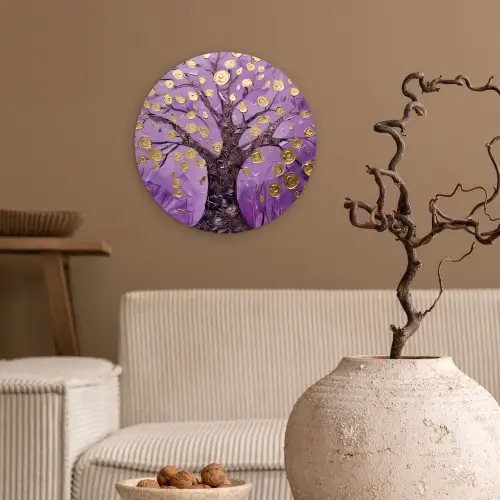 Levensboom - Boom - Paars - Goud - Modern Wandcirkel kunststof plaat 5mm dik klein -sfeer1