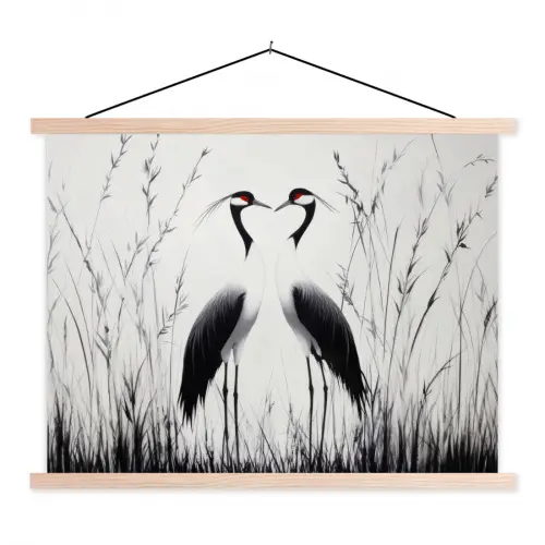 Kraanvogels - Gras - Hartvorm - Zwart textielposter latten blank klein -3d