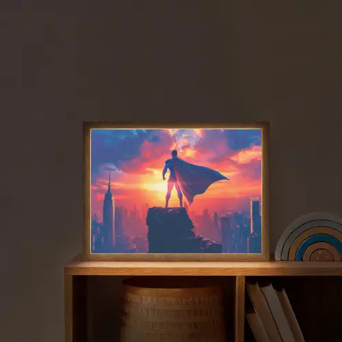 Superheld - Stad - Jongens - Kleurrijk - Zon Light Box met batterij (Wandlamp kind) middel -sfeer1_kind