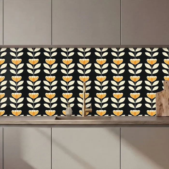 Retro - Bloem - Zwart - Okergeel keuken achterwand 2 middel 871 zz_3dshopping