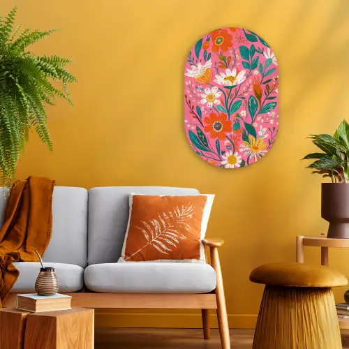 Roze - Bloemen - Wit - Oranje Wandcirkel Ovaal Forex klein -sfeer4