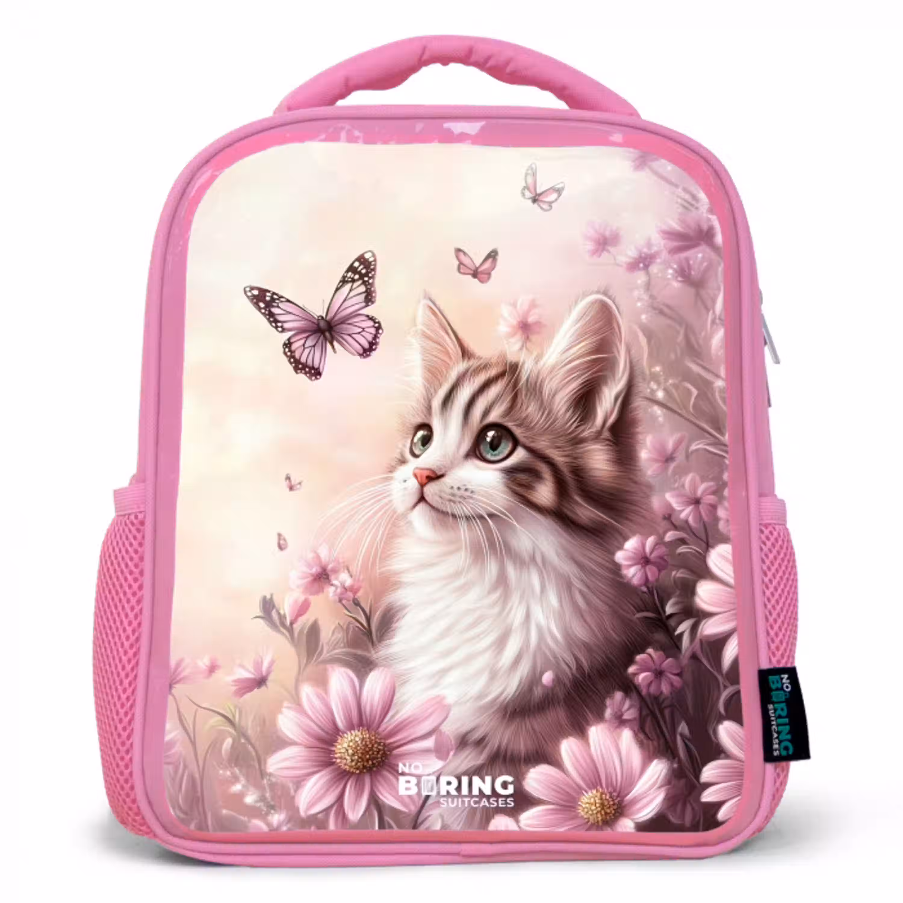 Kat - Paars - Vlinders - Bloemen Kinderrugzak - Roze middel -3d