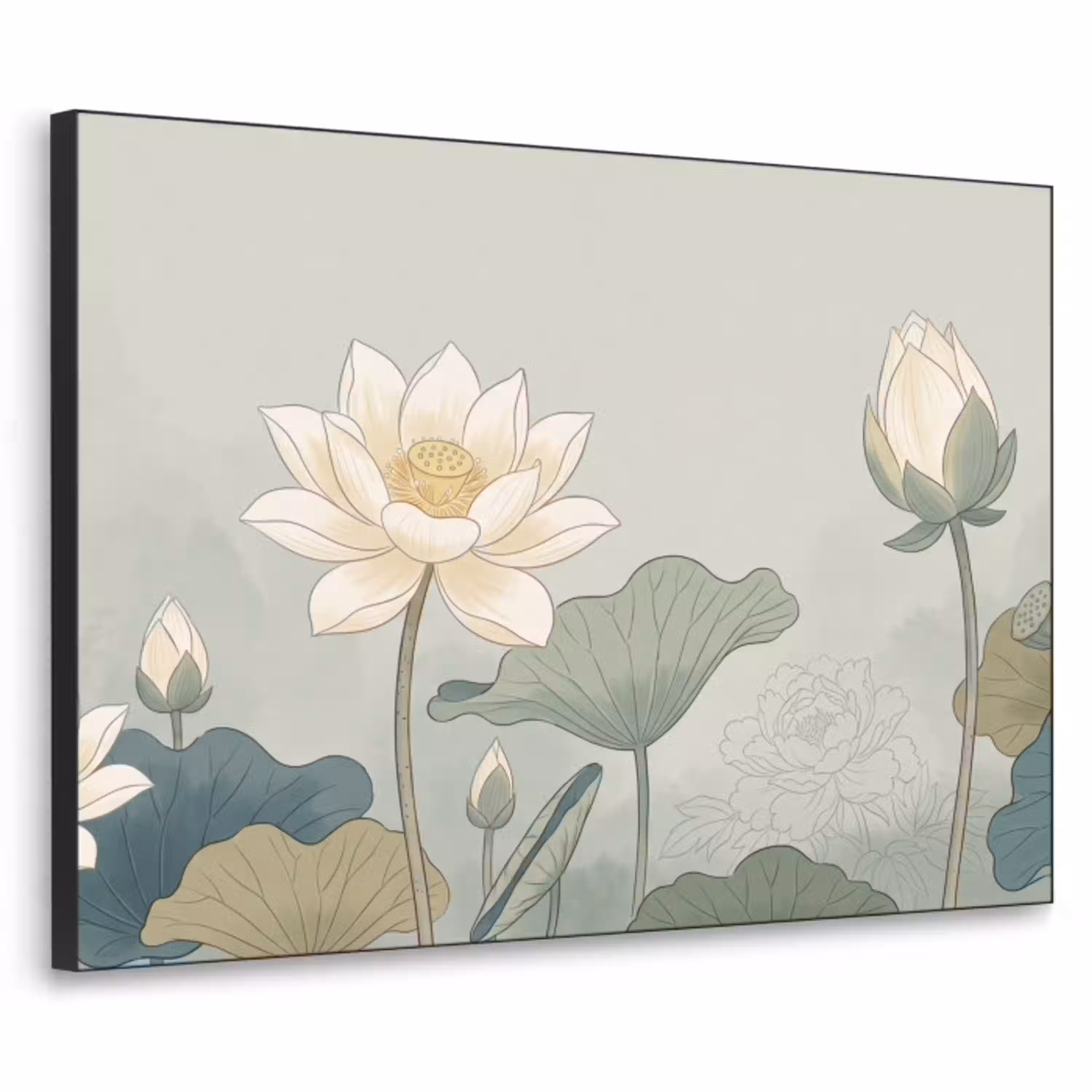 Lotus - Bloemen - Groen Textielframe zwart klein -3d
