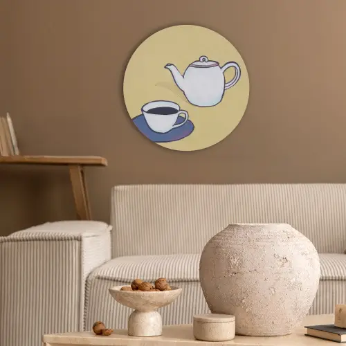 Theepot - Kopje - Beige - Illustratie Akoestische PET Vilt - Rond klein -sfeer1