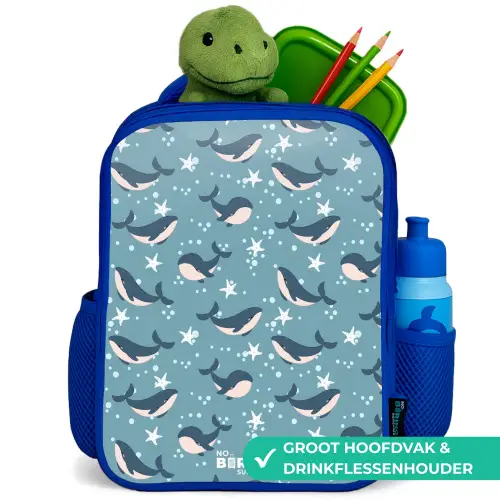 Donkerblauw walvissenpatroon met zeesterren Kinderrugzak - Blauw middel -inhoud_NL