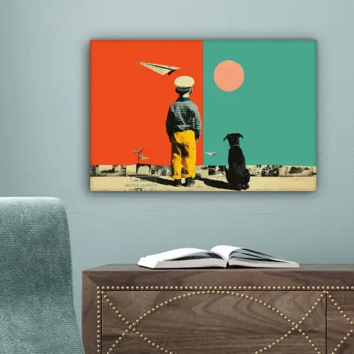 Retro - Jongen - Hond - Rood - Groen canvas 2cm klein -sfeer4