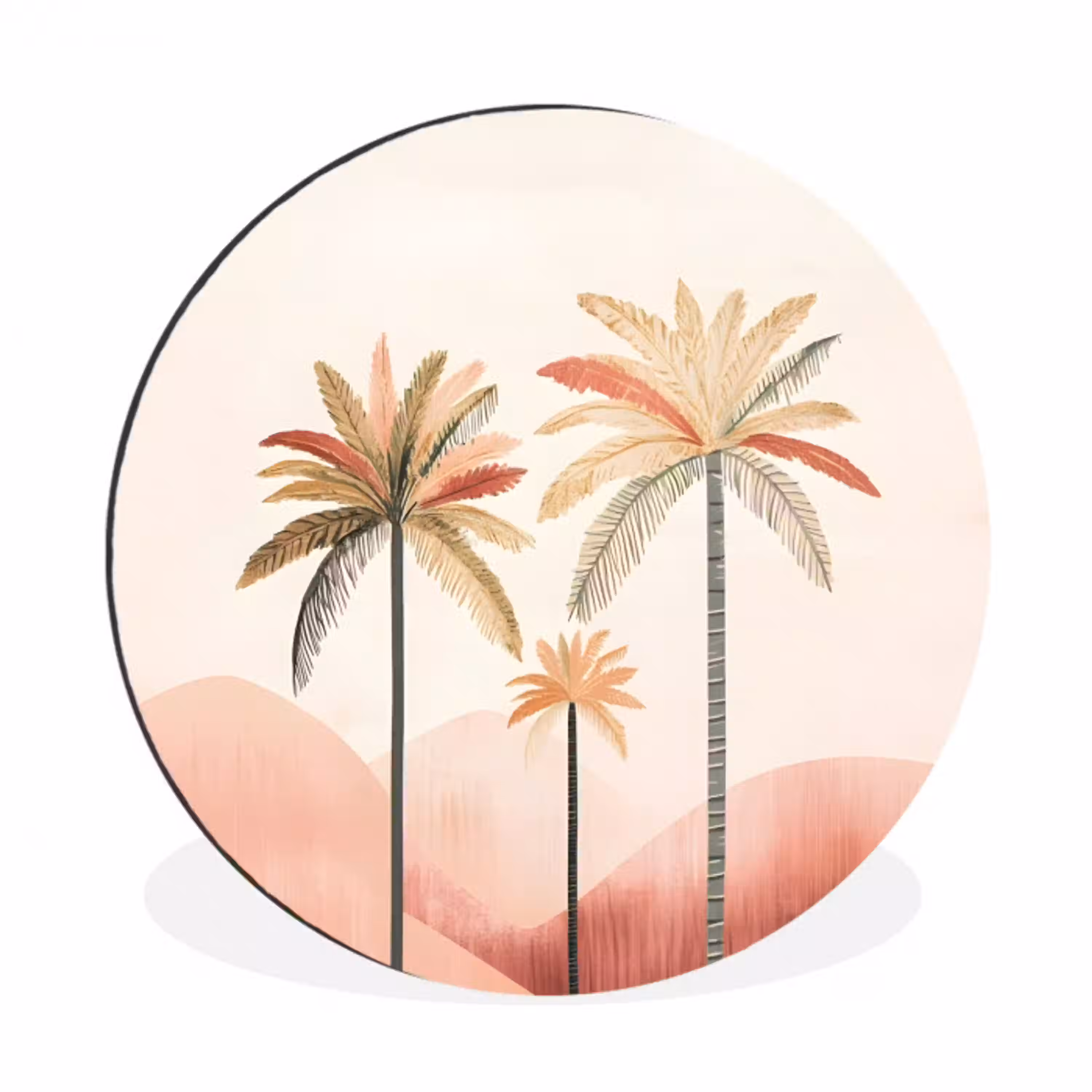Palmbomen - Heuvels - Minimalistisch - Zachtroze Wandcirkel aluminium klein -3d