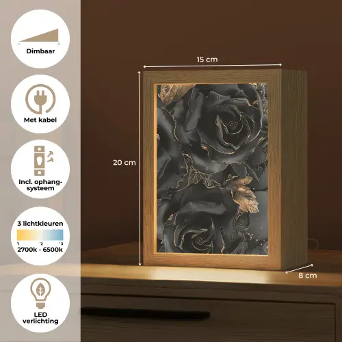 Rozen - Zwart - Bloemen - Goud Light Box met kabel (Tafellamp) klein -USP_NL