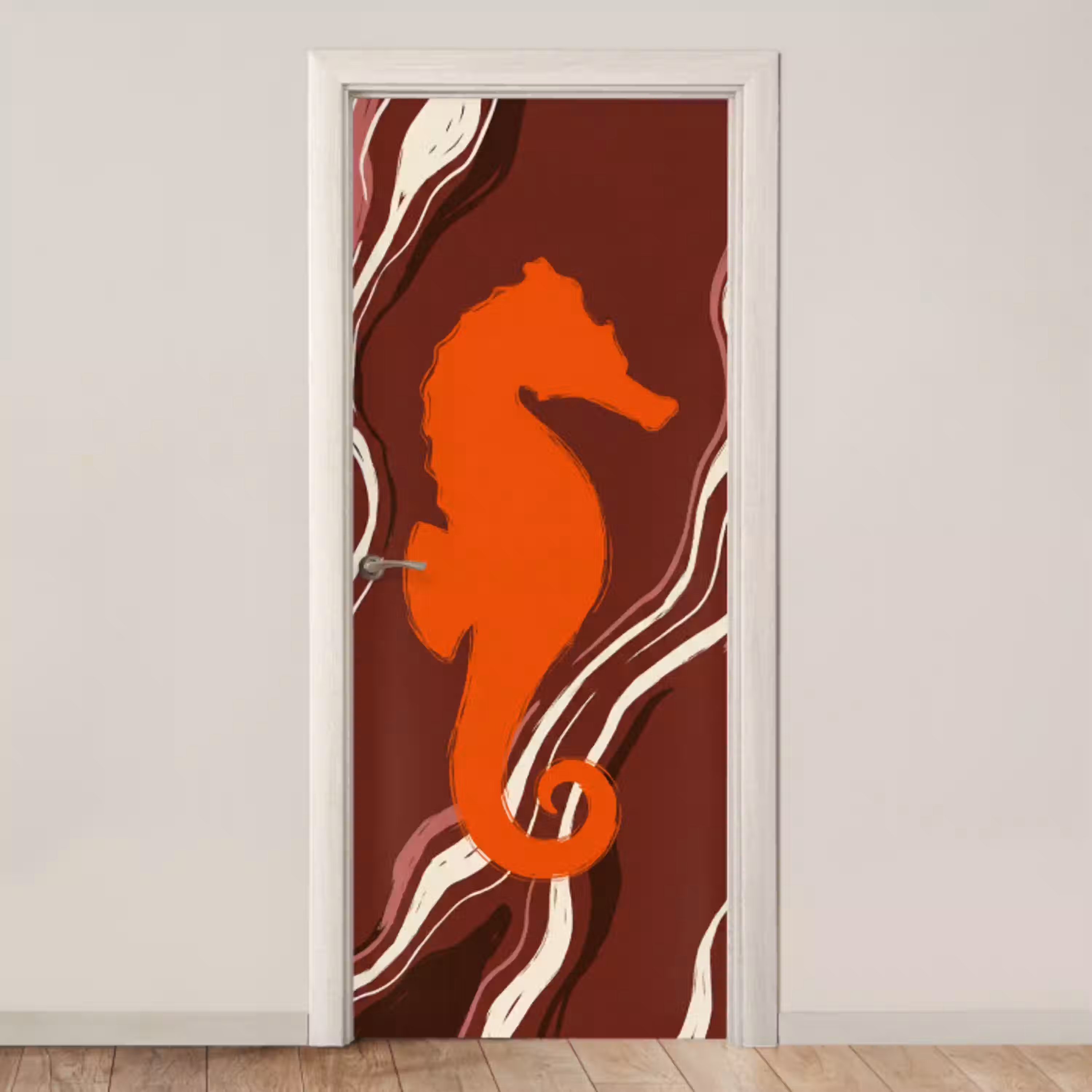 Zeepaardje - Golven - Zeeleven - Abstract - Oranje deurposter klein -3d_beige