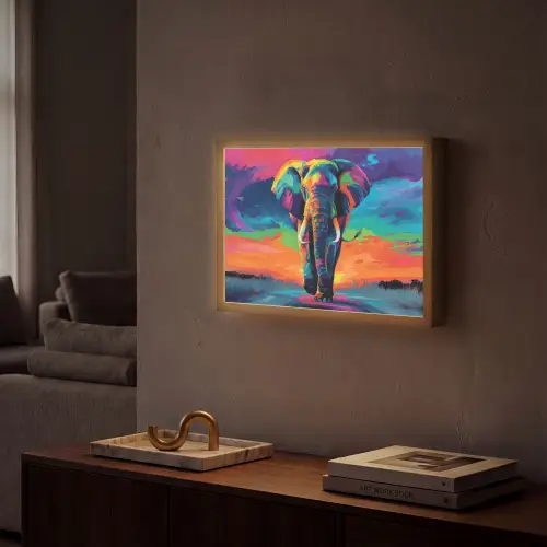 Olifant - Kleurrijk - Lucht - Abstract Light Box met batterij (Wandlamp) middel -sfeer1