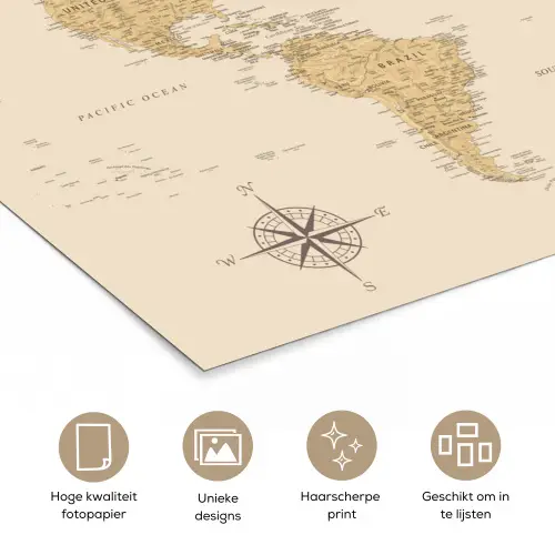 Wereldkaart - Realistisch - Beige poster papier klein -closeup_NL