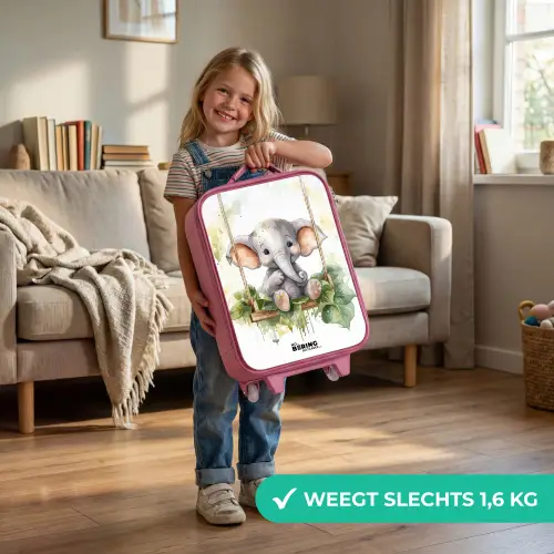 Jong olifantje op een schommel waterverf tekening Kinderkoffer - Roze klein -sfeer2_NL