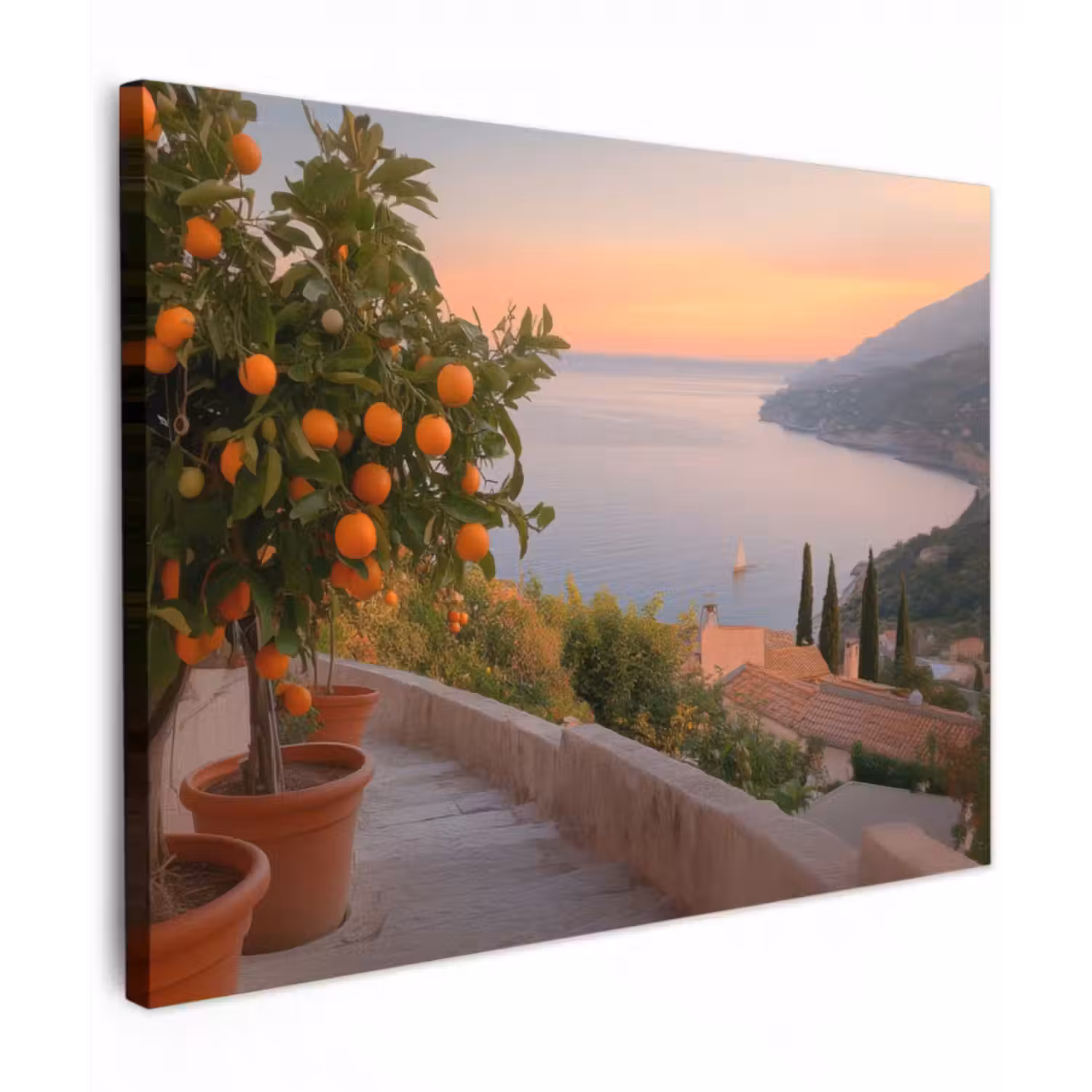 Leinwandbild - Mittelmeer - Orange - Hügel - Meer