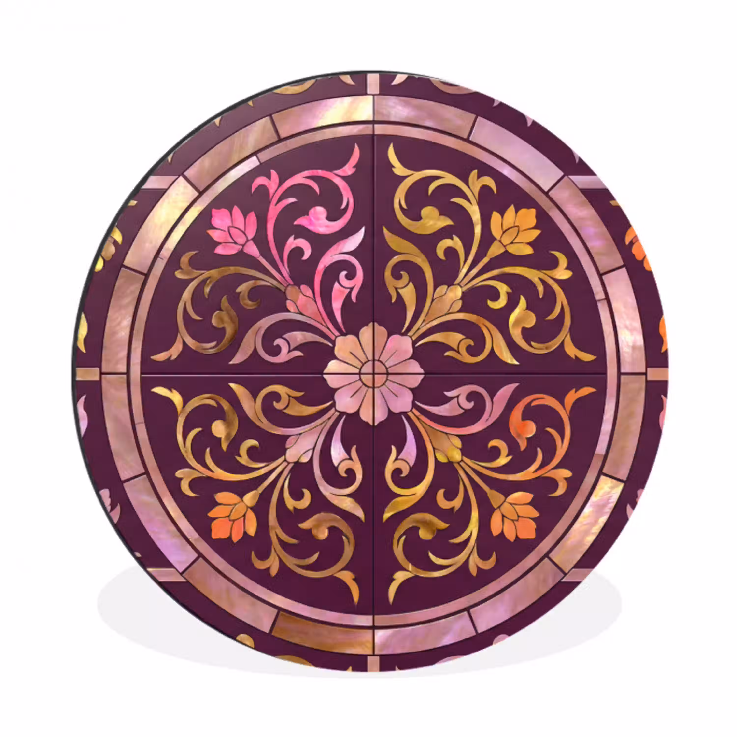 Patroon - Floraal - Oosters - Paars - Goud Wandcirkel aluminium klein -3d