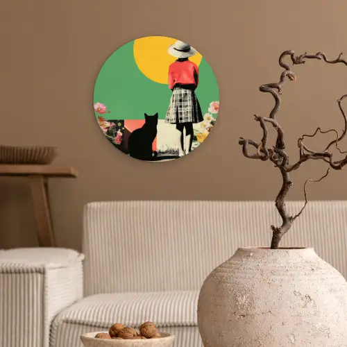 Retro - Meisje - Kat - Zon Wandcirkel kunststof plaat 5mm dik klein -sfeer1