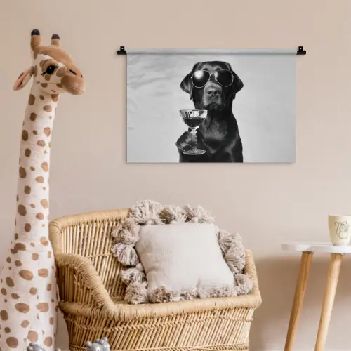 Hond - Zwart - Wijnglas - Zonnebril Wandkleed katoen klein -wsfeer5_kind