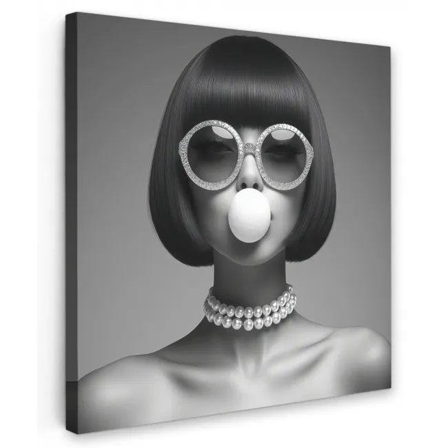 Canvas schilderij - Vrouw - Zwart Wit - Ketting - Zonnebril