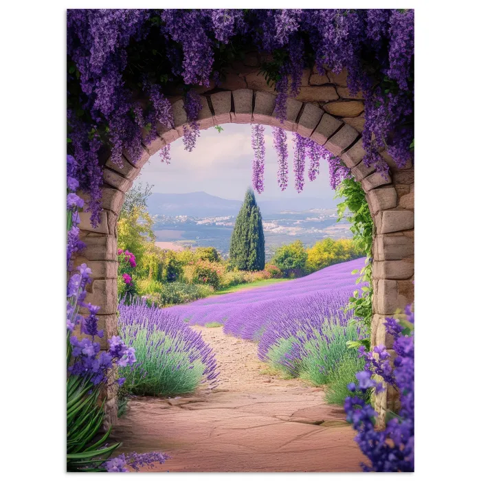 Doorkijk - Lavendel - Bloemen - Paars - Poort poster papier klein -3d