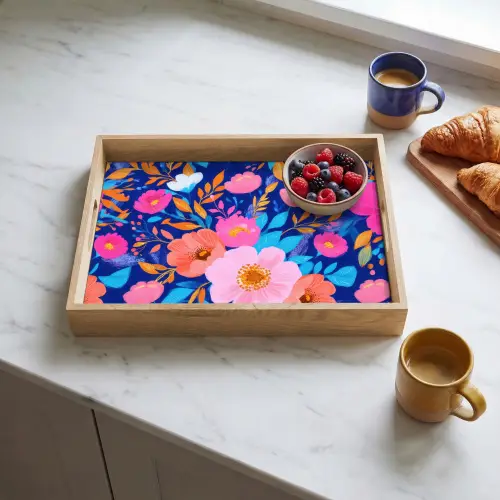 Bloemen - Blauw - Roze Dienblad Rechthoek middel -sfeer2