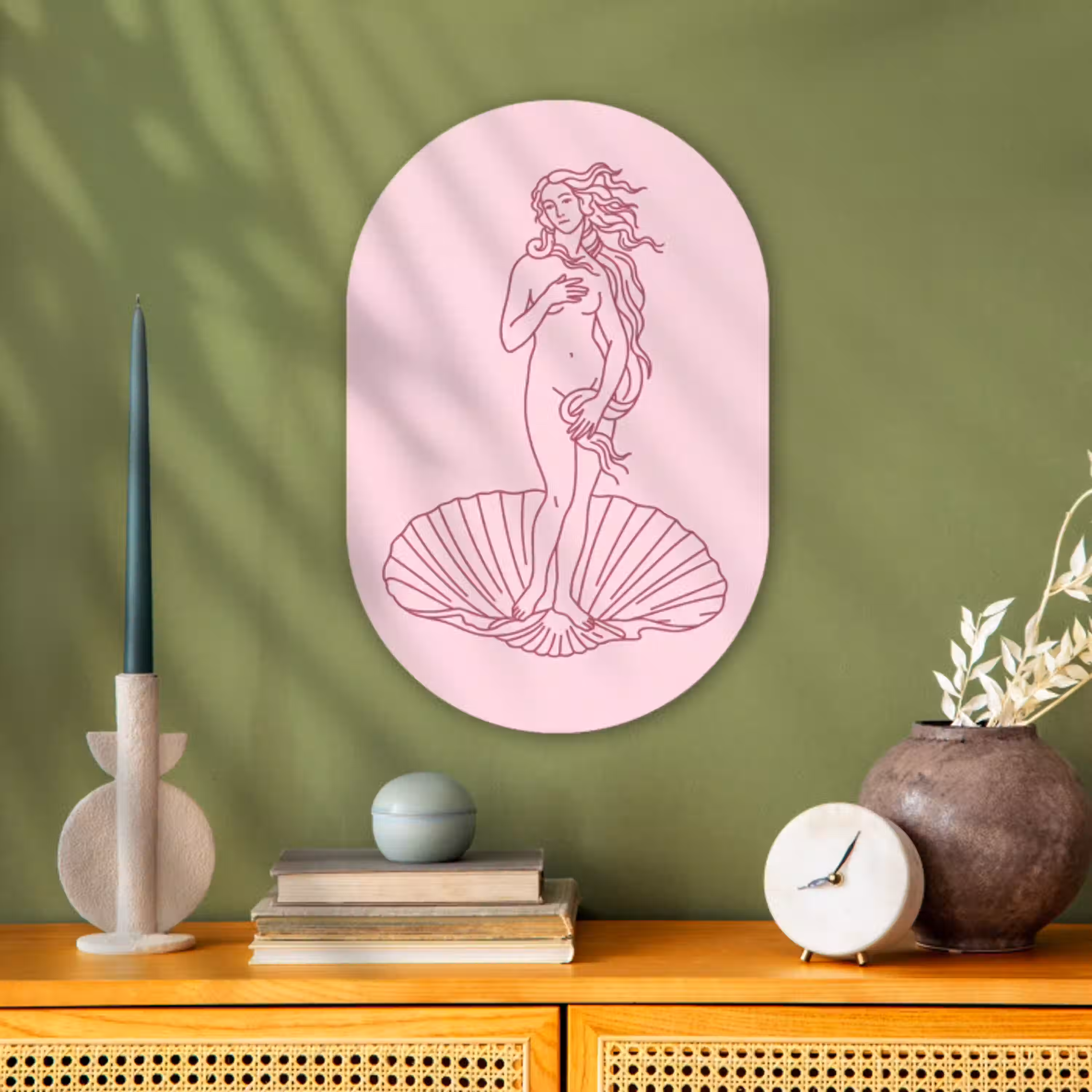 Vrouw - Schelp - Kunst - Lijntekening - Roze Wandcirkel Ovaal Forex klein -sfeer2