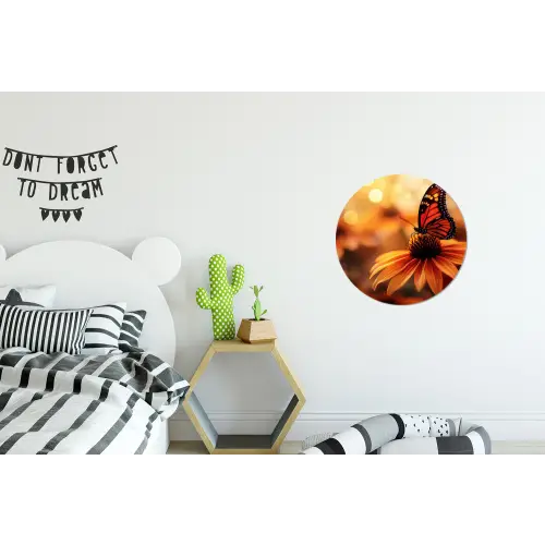 Vlinder - Bloemen - Oranje Wandcirkel aluminium klein -kinderkamer