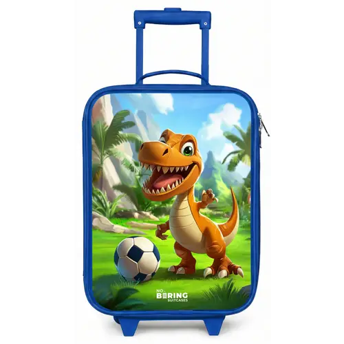 Dino met een voetbal in groen landschap Kinderkoffer - Blauw klein -zz3dotto