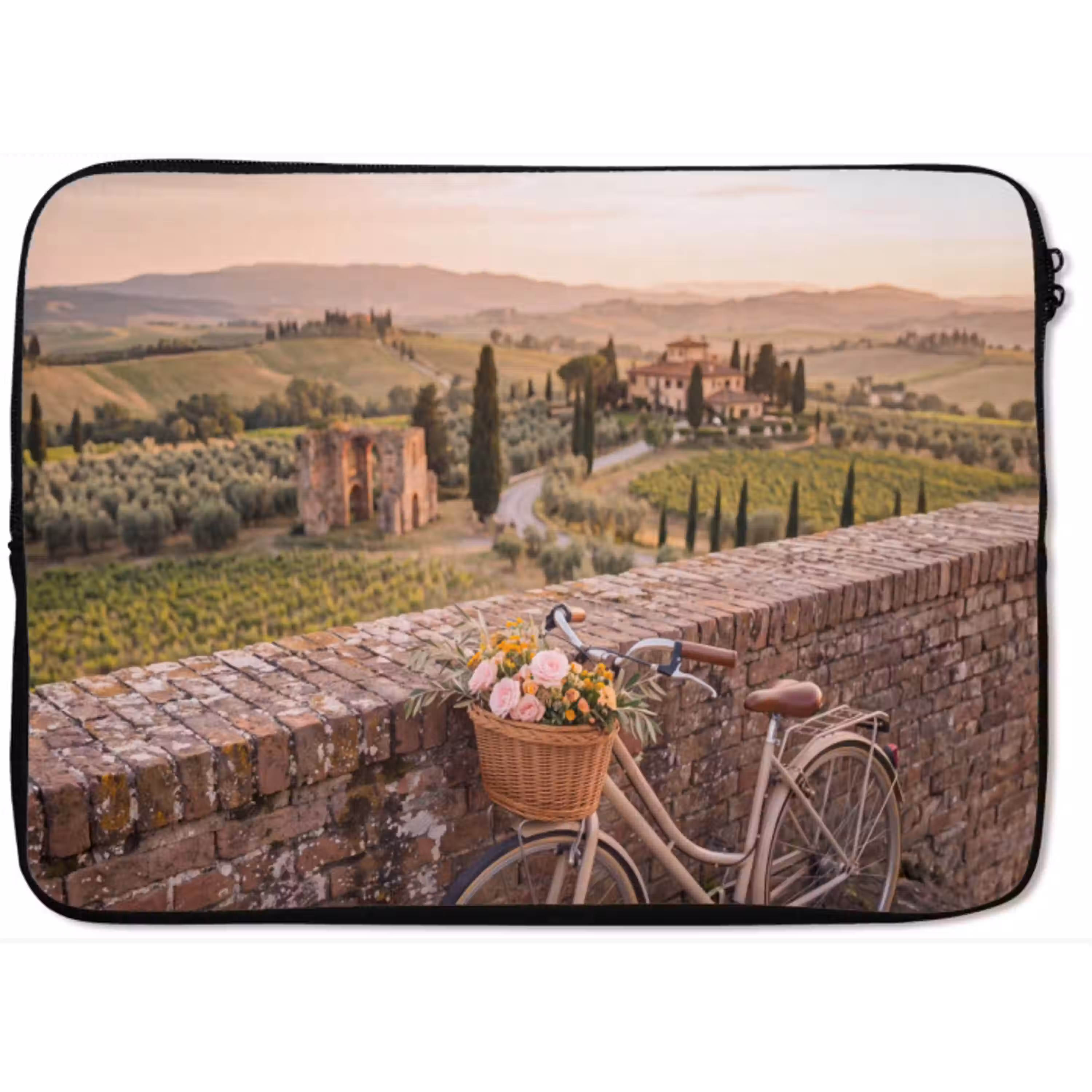 Fiets - Bloemen - Toscane - Landschap - Roze laptophoes neopreen klein -zkaufland3dotto