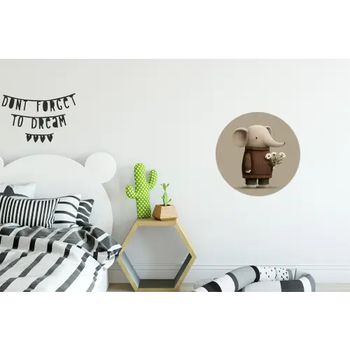 Olifant - Witte bloemen - Kindvriendelijk Wandcirkel aluminium klein -kinderkamer