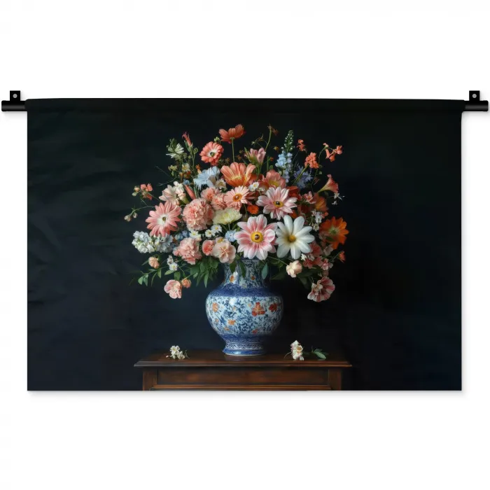 Hout - Vaas - Kleuren - Bloemen Wandkleed katoen klein -zz3d