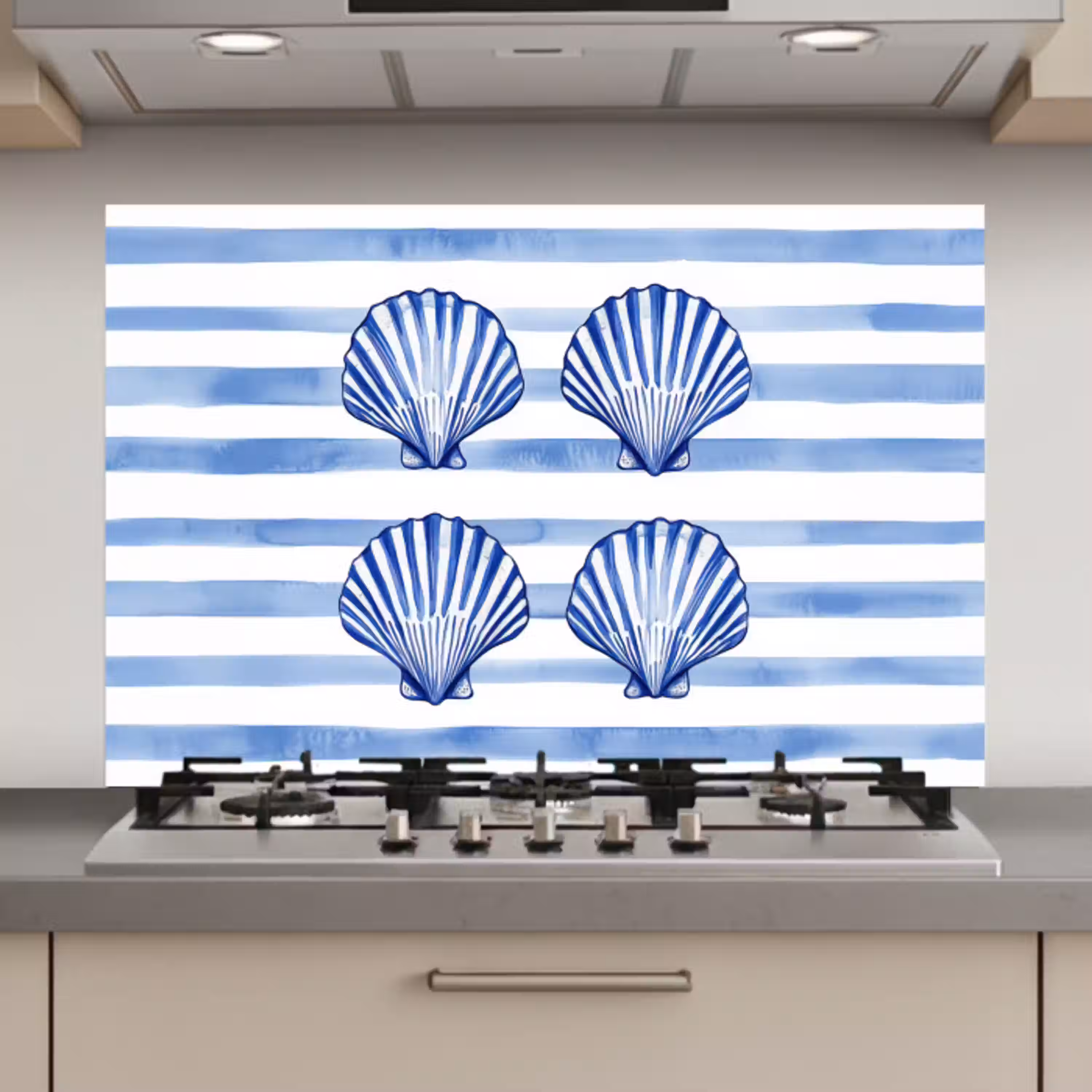 Vier schelpen - Blauw - Wit - Strepen keuken achterwand spatscherm klein -3d_website