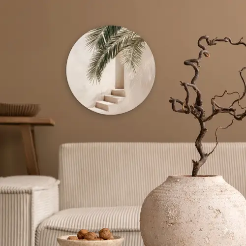 Palmboom - Schaduw - Trap - Beige Wandcirkel plexiglas klein -sfeer1