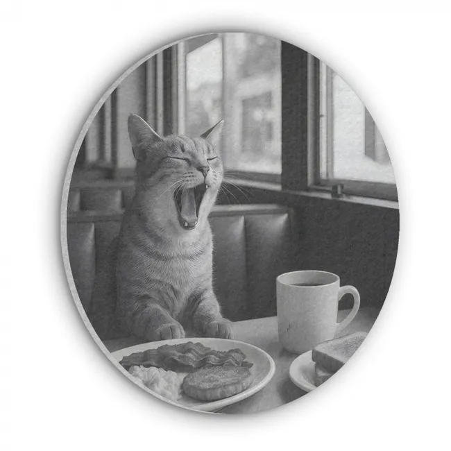Akoestisch schilderij rond - Kat - Koffie - Brood - Zwart