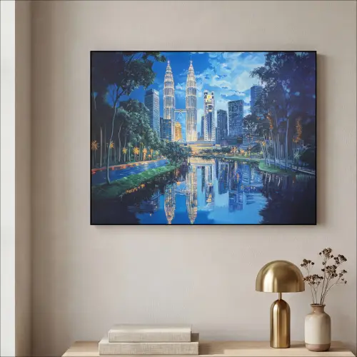 Stad Kuala Lumpur - Skyline - Wolkenkrabbers - Water Textielframe zwart klein -sfeer2