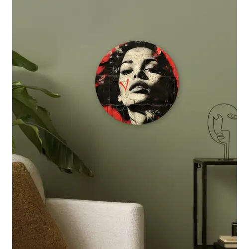 Graffiti - Vrouw - Rood - Street art - Banksy Wandcirkel kunststof plaat 5mm dik klein -sfeer3