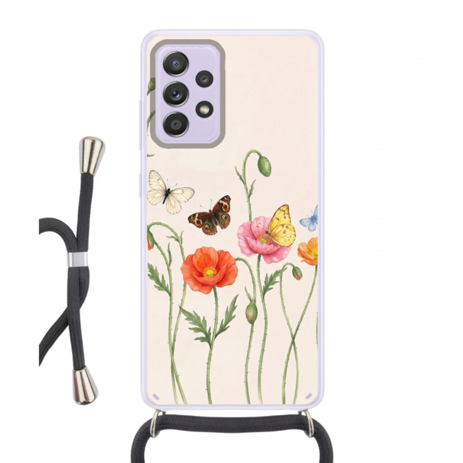 Vlinders - Klaprozen - Illustratie - Kleurrijk Hoesje Samsung Galaxy A52 5G met koord klein -3d