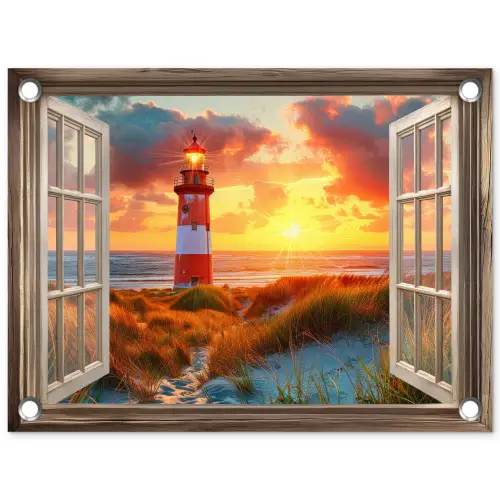 Doorkijk - Raam - Vuurtoren - Zonsondergang - Strand tuinposter los doek klein -3d