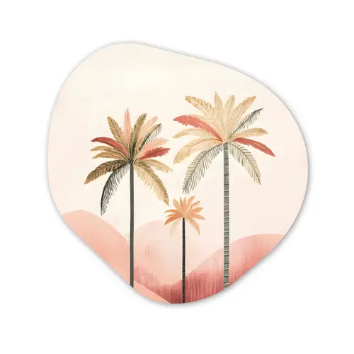 Palmbomen - Heuvels - Minimalistisch - Zachtroze Wandcirkel Organisch Forex 3mm klein -3d
