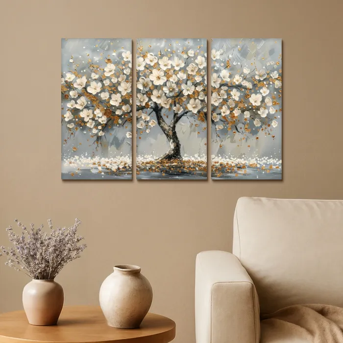 Boom - Abstract - Wit - Bloesem Canvas - Meerluiken 3 luik klein -sfeer1