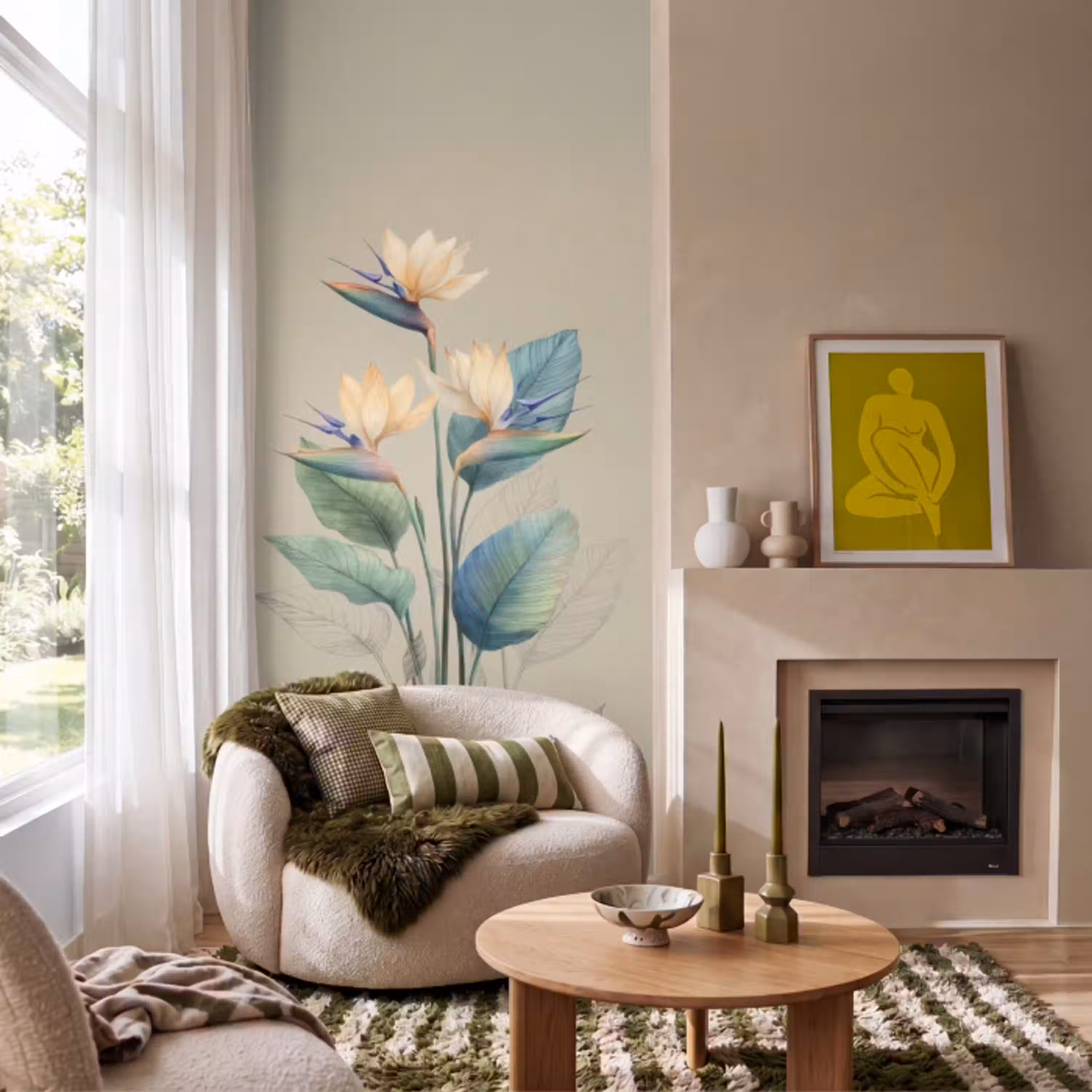 Paradijsvogelbloemen - Blauwgroene bladeren - Beige Behang Vlies klein -sfeer2
