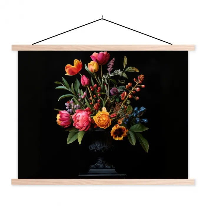 Tulpen - Bessen - Boeket - Vaas textielposter latten blank klein -3d