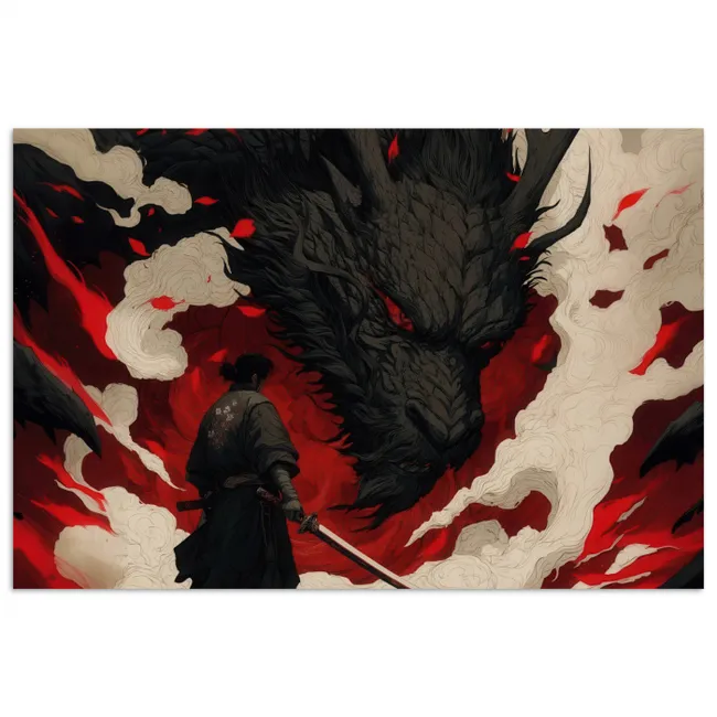 Krijger - Draak - Zwart - Rood - Rook poster papier klein -3d