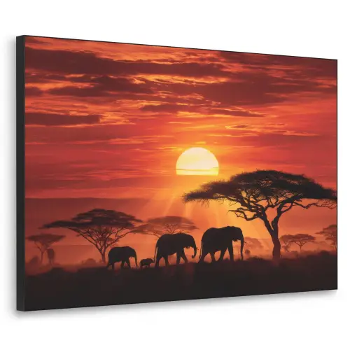 Savanne - Olifanten - Zonsondergang Textielframe zwart klein -3d