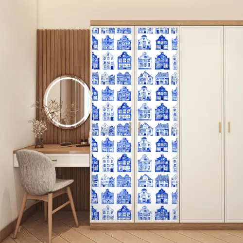 Patroon - Huizen - Blauw deurposter klein 289 -sfeer3