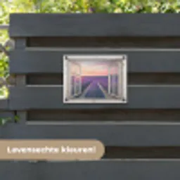 Doorkijk - Lavendel - Bloemen - Hout - Zonsondergang - Paars tuinposter los doek klein -sfeer3
