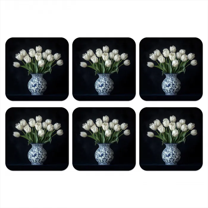 Wit - Bloemen - Tulpen - Vaas onderzetter kurk middel -3d