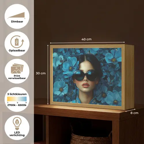 Vrouw - Bloemen - Blauw - Aesthetic - Luxe Light Box met batterij (Wandlamp) middel -USP_websiteoverzichtNL