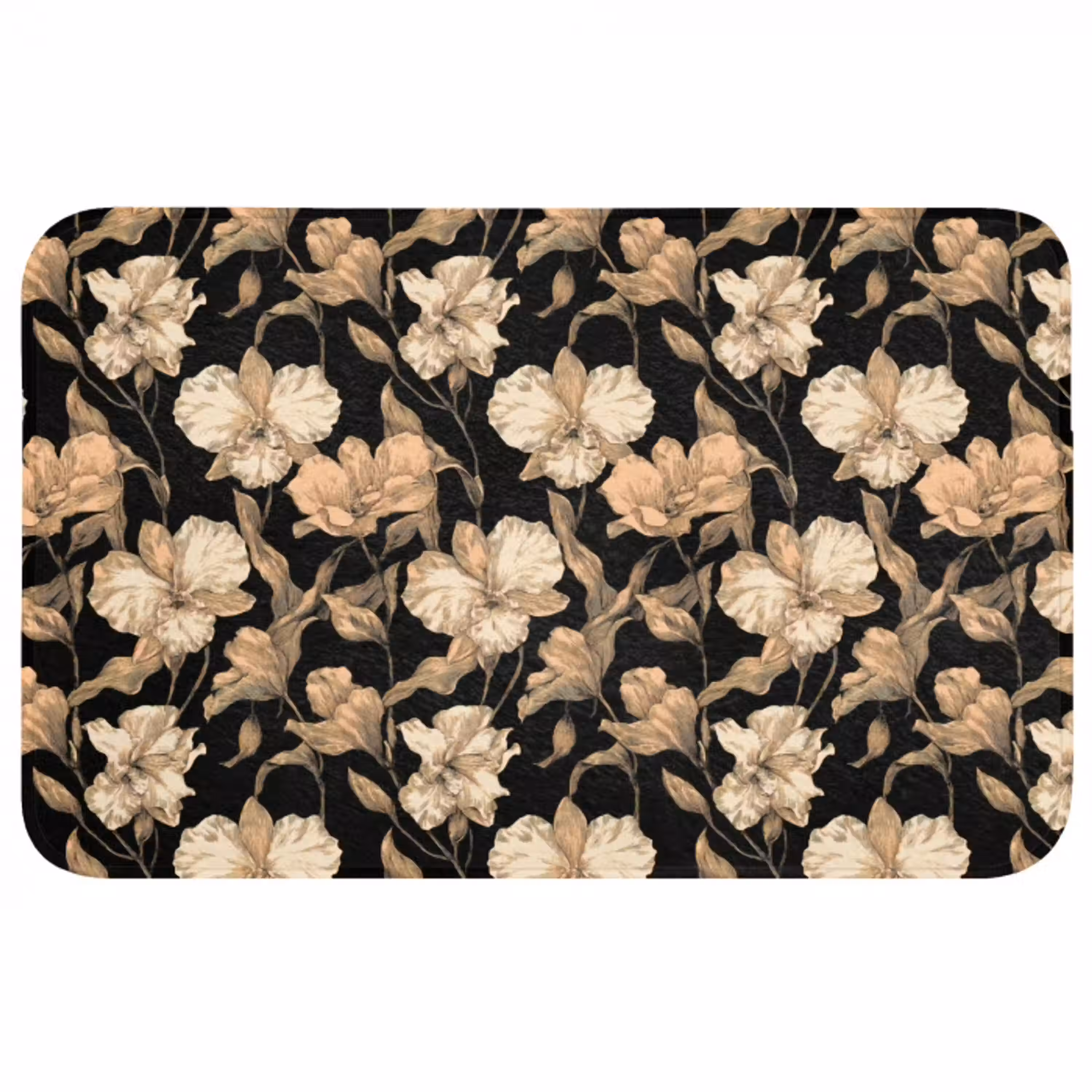 Orchideeën - Lijntekening - Patroon - Beige - Zwart Badmat middel 997 -3d