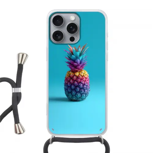 Ananas - Regenboog - Blauw - Popart Hoesje iPhone 16 Pro Max met koord klein -3d