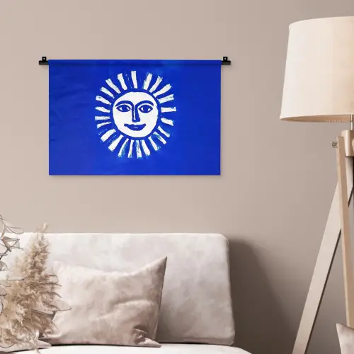 Zon - Gezicht - Penseelstructuur - Blauw Wandkleed katoen klein -sfeer4