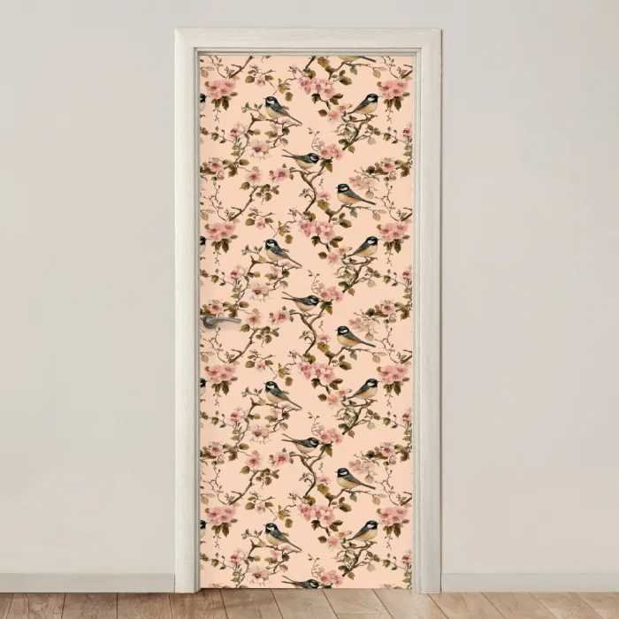 Bloesem - Koolmees - Roze deurposter klein 289 -3d_beige